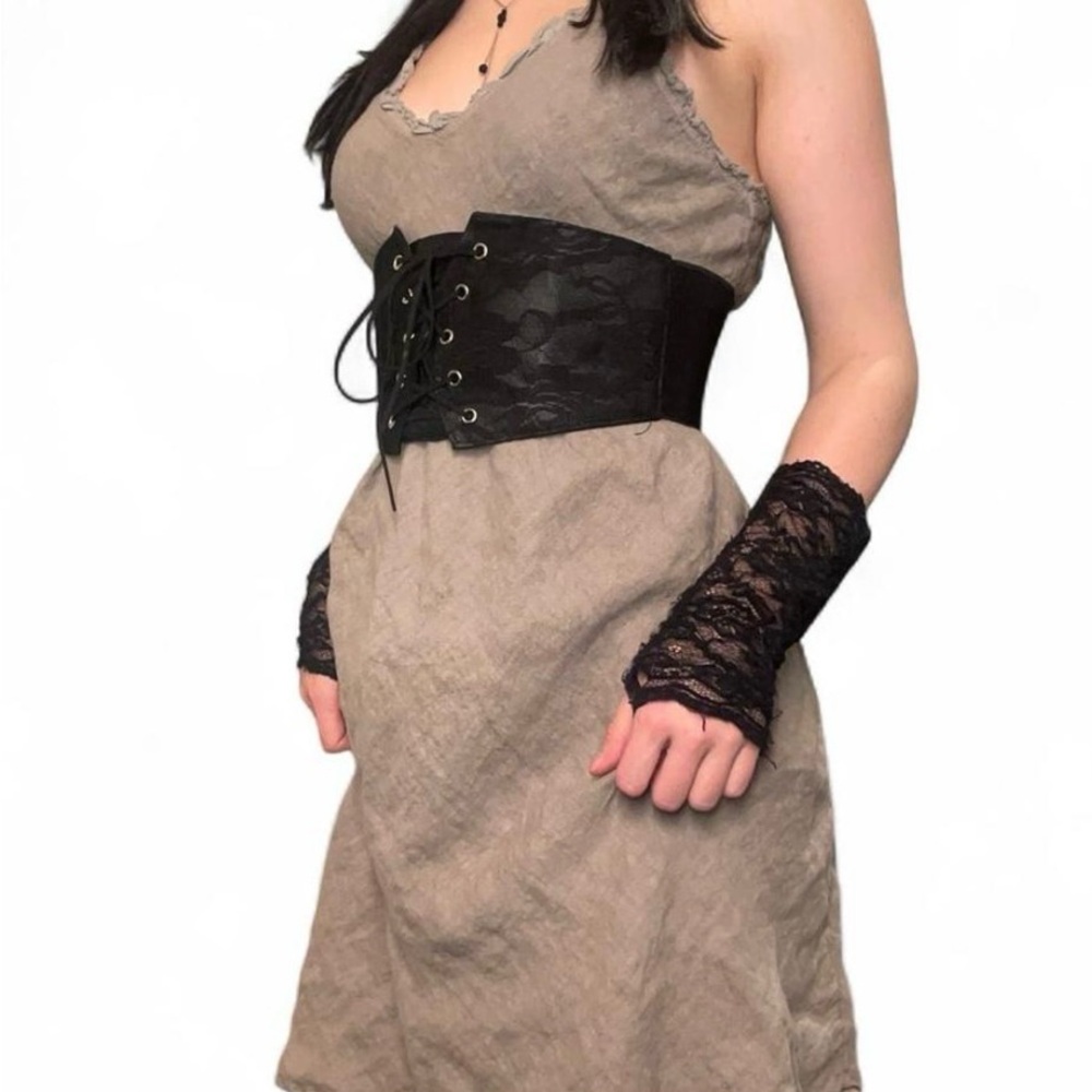 khaki green/tan boho witchy mini dress